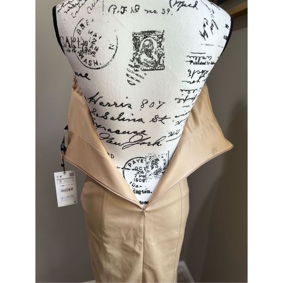 ZARA Tan Faux Leather Strapless Midi Dress S - Picture 9 of 14